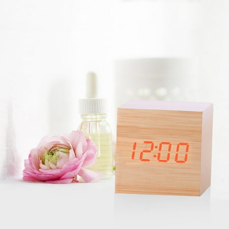 Wooden Alarm Clock Mini Cube LED Digital Clock with Time/Temperature Display, Brightness and Voice