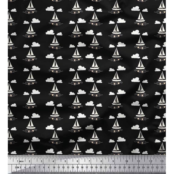 Soimoi Cotton Duck Fabric Cloud,Fish & Yacht Nautical Decor Fabric Printed Yard 42 Inch Wide