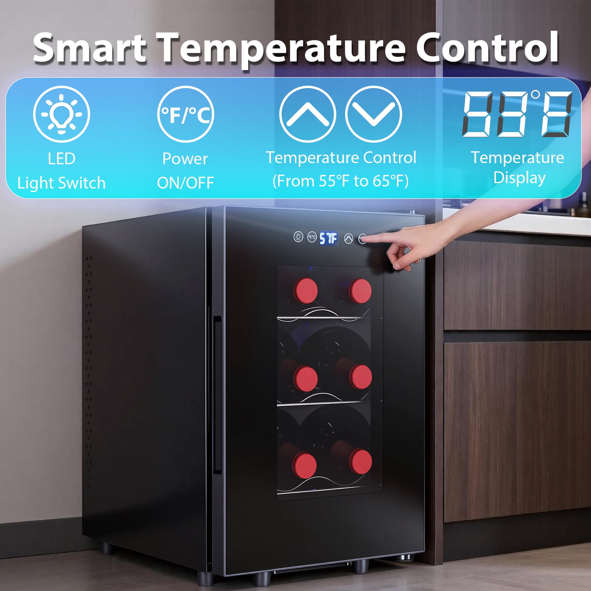 IceBlue Portable 6-Bottle Wine Cooler,  Digital Temperature Control(10-18°C) ,LED Screen, Drink refrigerator,, Car and Home Use