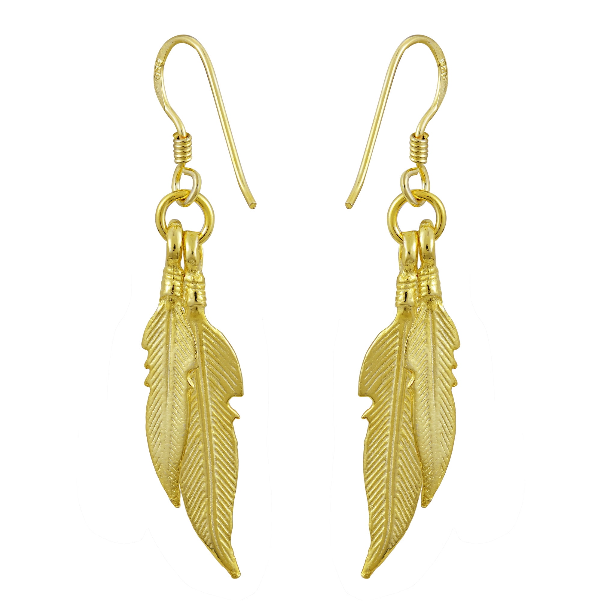 Amazing Double Feather Gold-Plated Sterling Silver Dangle Earrings