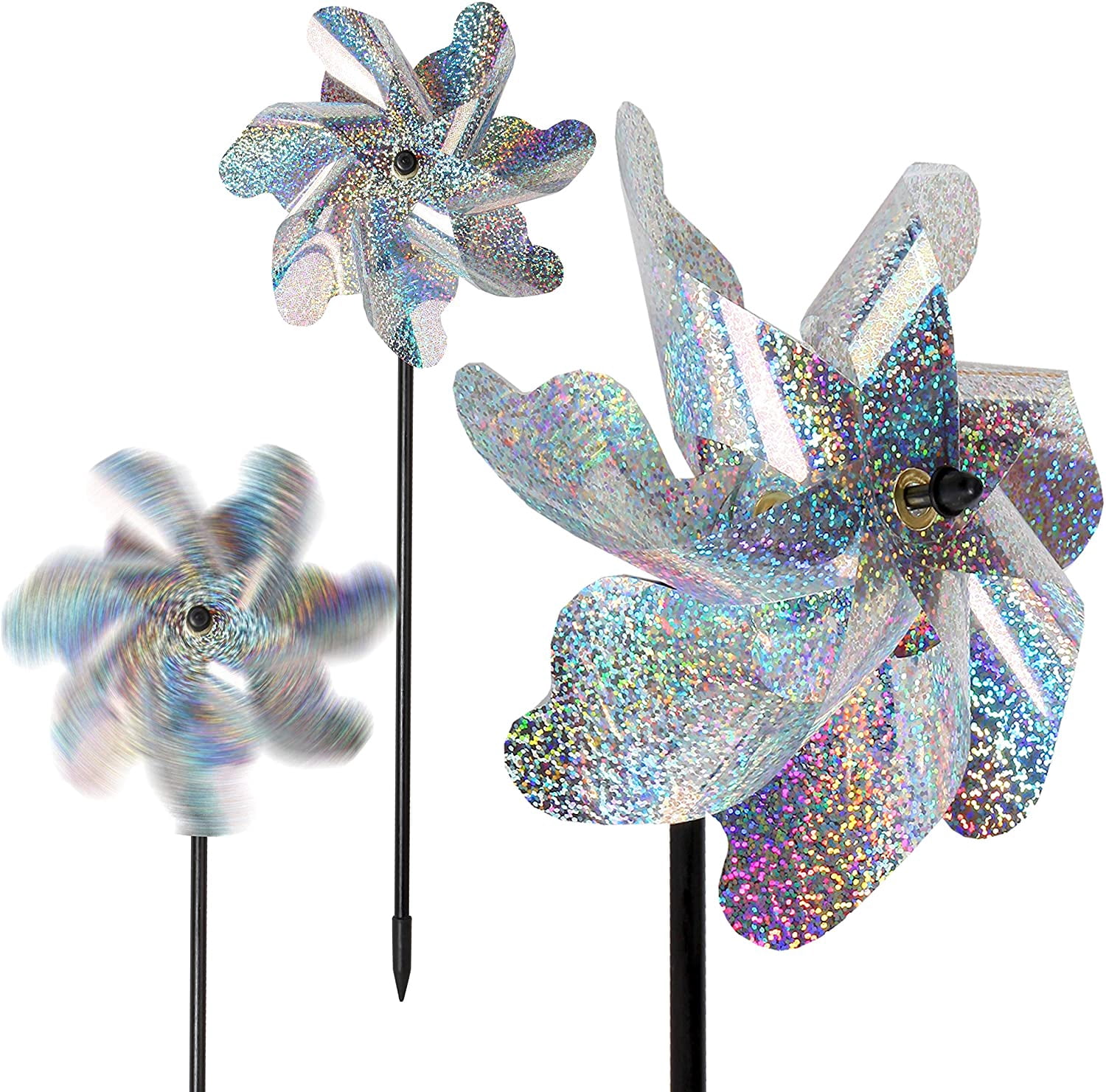 Bird Blinder Pinwheels, Effectively Keep Birds Away - Holographic Pin Wheels for Yard and Garden 20 inch Pinwheel Bird Deterrent, 10 Pack Garden Spinners