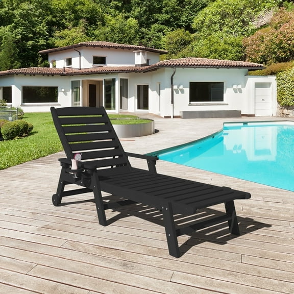LOYALICE Adjustable Wheeled HDPE Plastic Outdoor Patio Lounge Chair W/ Cup Holder,78.3"x25.1"x16.3", Black
