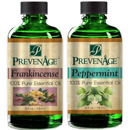 Essential Oil Gift Set of 2 Aromatherapy 118 ml / 4 oz - Frankincense and Peppermint - Made with 100% Pure Therapeutic Grade Essential Oils by PrevenAge Made in USA Pack of 2