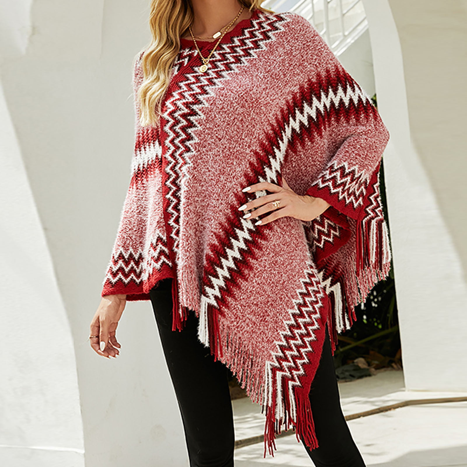 Hfyihgf Women's Elegant Knitted Shawl Poncho with Fringed V-Neck Striped  Sweater Cardigan Cape Gifts for Women Mom Red One Size - Walmart.com