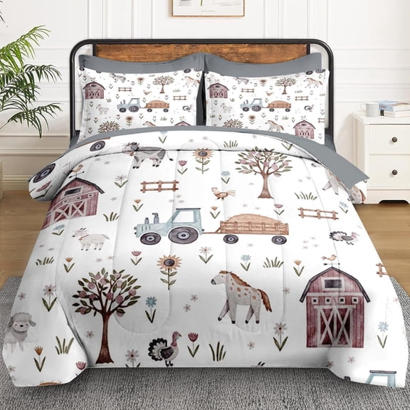 5 Pcs Twin Size Comforter Set with Pillowcase & Sham, Farm House Tractor Bedding for Kids and Adults, Village Tree  Bed in a Bag with Flat Fitted Sheet