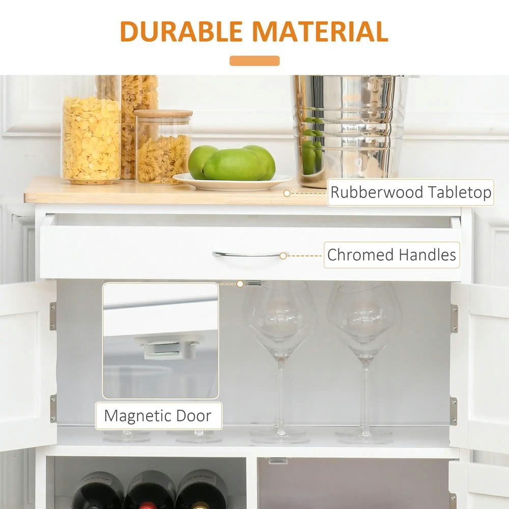Topcobe Rolling Kitchen Cart, Kitchen Island with Storage Drawer, 9-bottle Wine Rack, Door Cabinets, Wooden Countertop, Modern Furniture, Kitchen Island Carts for Indoor, White