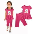 thumbnail image 4 of Sales！Honeeladyy Girl's Summer Round Neck Small Print Short Sleeved Flying Sleeves Elastic Waist Cropped Pants Two-piece Set for Outdoor(Hot Pink,7-8 Years), 4 of 4