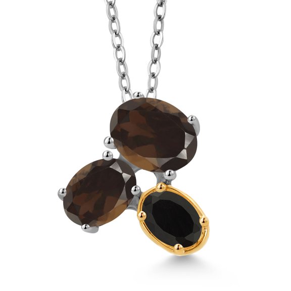 Gem Stone King 925 Silver and 10K Yellow Gold Brown Smoky Quartz and Black Onyx Pendant Necklace for Women (2.35 Cttw, Oval 8X6MM, 7X5MM and 6X4MM, Gemstone, with 18 inch Chain)