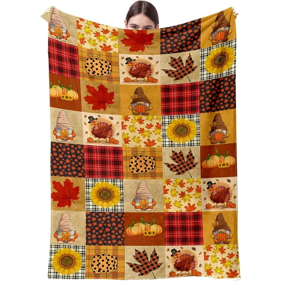 Thanksgiving Pumpkin Blanket Super Soft Flannel Fleece Throw Blankets Pumpkin Turkey Maple Leaf Plaid Blanket Lightweight Cozy Warm Fuzzy Plush for Couch Bed Sofa(50"x60")