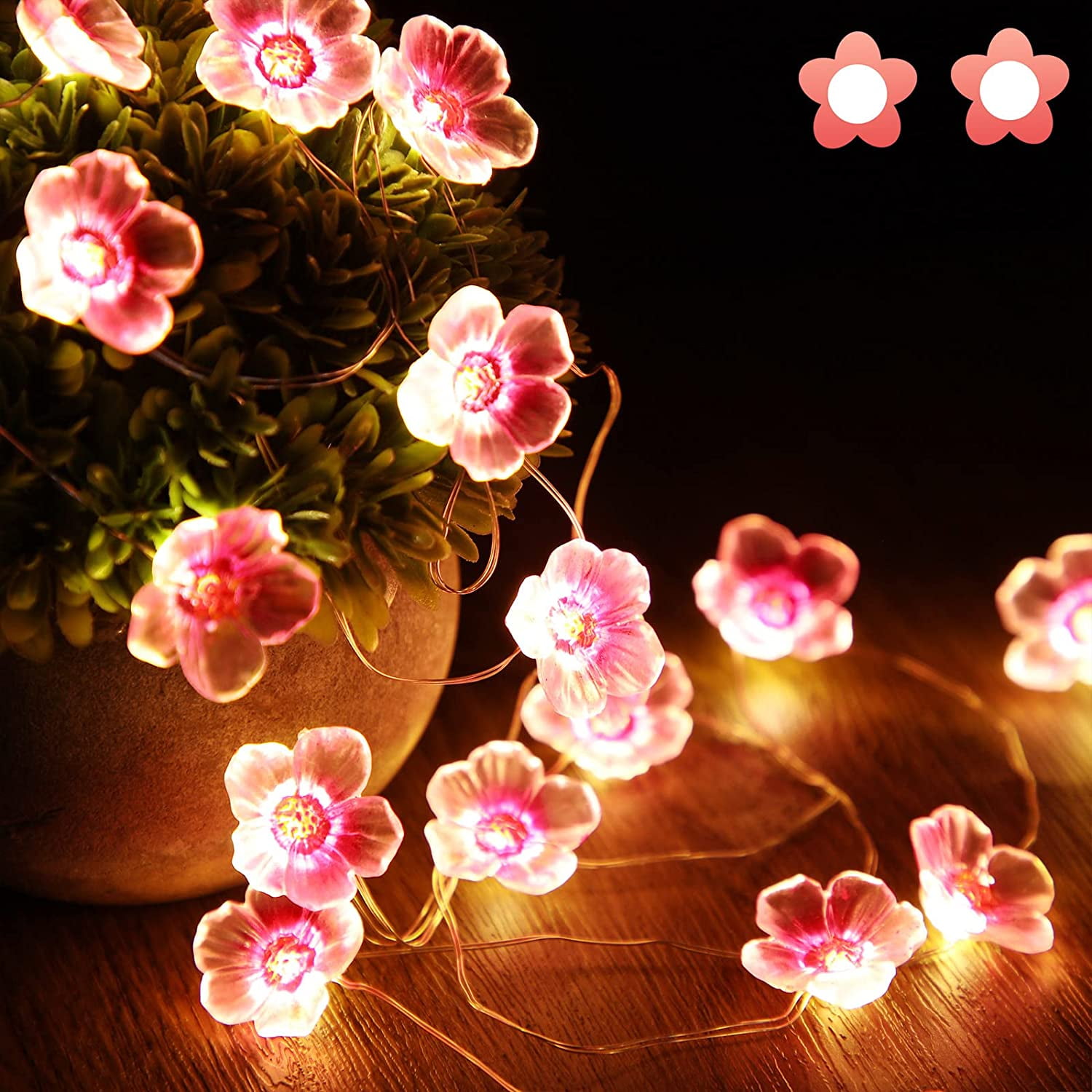 Cherry Blossom Flower Lights 10FT 30 Led Fairy Lights Battery Operated Decorative String Lights for Wedding Party Valentine's Day Bedroom Indoor Decor -