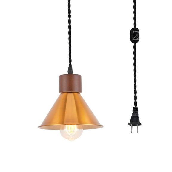 KAYYELAMP 15ft Plug in Dimmable Switch Cord Vintage Gold Shade Walnut Base Hanging Light Retro Style Pendant Ideal for Kitchen Bedroom Loft(No Bulb)