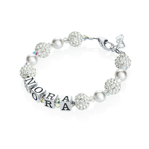 White Name Bracelet for Girls and Baby Sterling Silver, Crystal and Pearl, Personalized Custom (B108)