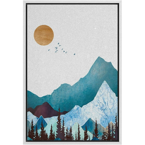SIGNFORD Framed Canvas Print Wall Art Blue Mountains with Granite Effect & Sun Abstract Wilderness Illustrations Modern Art Contemporary Scenic for Living Room, Bedroom, Office - 16""x24"" White