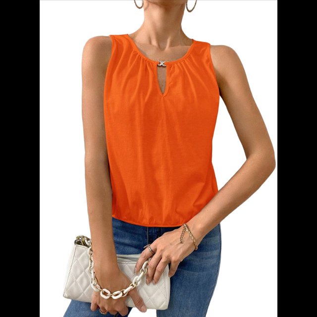 Chaleco de Moda con Cuello Redondo y Botones, Color Liso, Naranja, Talla XL