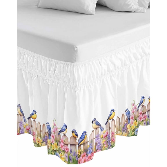 Spring Floral Wrap Around Bed Skirts for California King Bed 18" Drop,Bed Skirt with Adjustable Elastic Belt Dust Ruffle Bed Valance for Bedroom Hotel Summer Birds Botanical Fence Bed Frame Cover