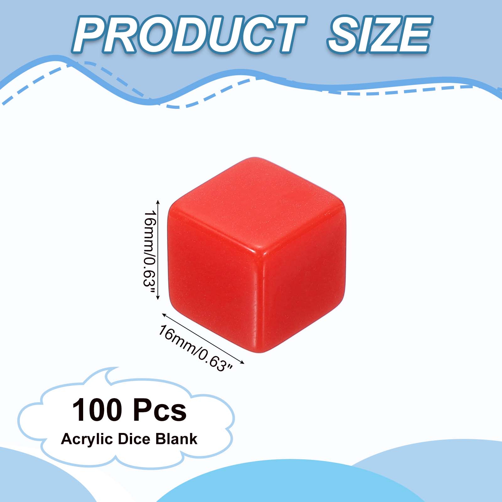 16 mm Acrylic Dice Blank, 100 Pcs Square Corner Blank Dice with Smoothed Surface Six Sided for Board, Red