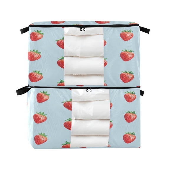 Foldable Clothes Storage Bags Clothes Organizer Bin with Clear Windows for Clothes Bedding Strawberry