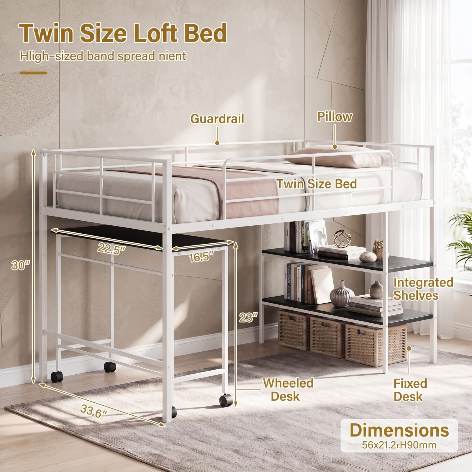 Furnibear Twin Size Loft Bed with Rolling Desk and Bookshelf for Home Office Bedroom, Space-Saving Metal Loft Bed Frame with Ladder, White