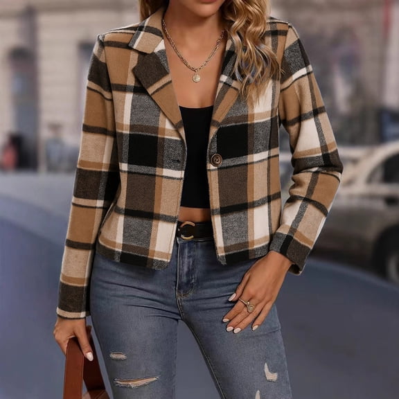 Roncen Womens Plaid Cropped Shacket Button Down Flannel Shirts Pockets Long Sleeve Light Jacket Spring Winter Fashion Coats