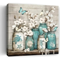 Bathroom Decor Wall Art Blue Beach Picture Ocean Theme Flower Canvas Print Modern Coastal Seascape Painting Framed Bathroom Pictures Canvas Painting Teal Bedroom Kitchen Art Home Decorations 16"x16"