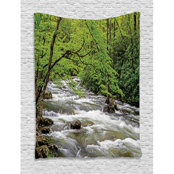 Appalachian Tapestry, Streaming Water Creek in Spring Forest Trees and Bushes, Wall Hanging for Bedroom Living Room Dorm Decor, 60W X 80L Inches, Lime Green Sage Green Sepia White, by Ambesonne