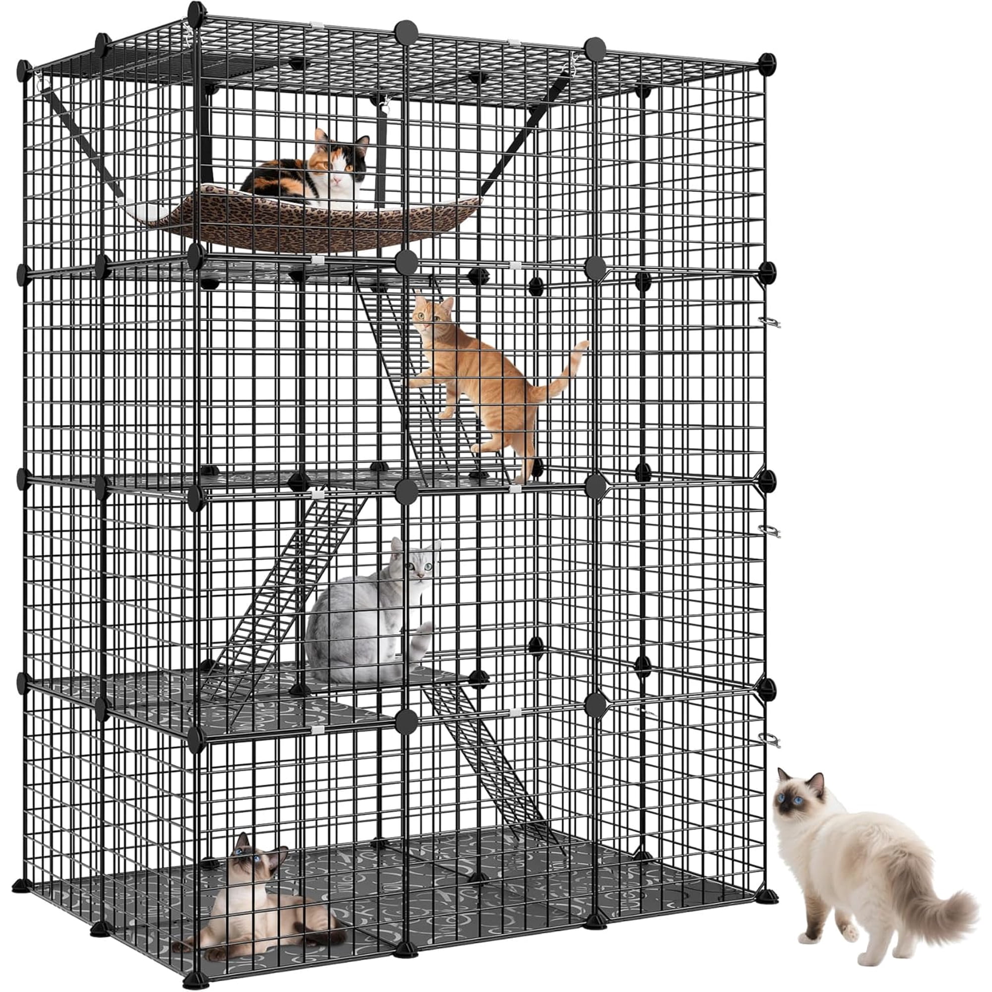 HJTER 4-Tier Cat Cage Indoor Cat Enclosures DIY Cat Playpen Detachable Metal Wire Kennels with Extra Large Hammock for Cats, Ferret, Chinchilla, Rabbit or Small Animals
