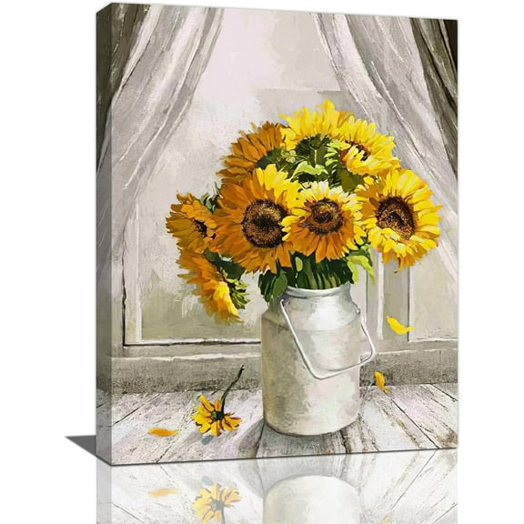 Farmhouse Sunflower Bathroom Wall Decor Rustic Vintage Flowers Pictures Wall Art Country Floral Canvas Print Painting Framed Home Artwork Sunflower Decorations For Bathroom Bedroom Office 12"x16"
