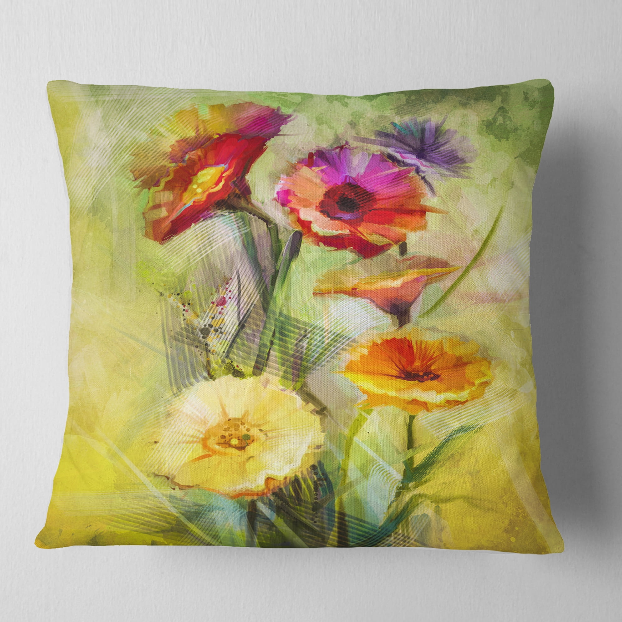Designart Bouquet of Gerbera Flowers Watercolor - Floral Throw Pillow - 16x16