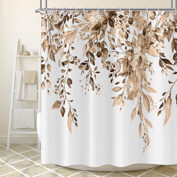 Eucalyptus Shower Curtain, Watercolor Tan Leaves on The Top Plant with Floral Bathroom Curtain Bathtub Home Decor Waterproof Fabric Machine Washable with 12 Hooks
