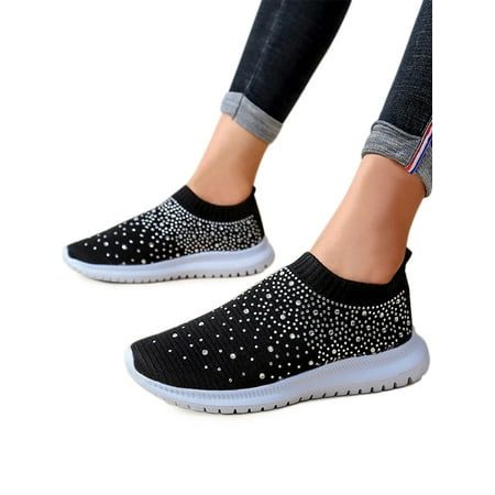 

Bellella Women s Shoes Rhinestone Sneakers Closed Toe Trainers Sweat-wicking Flats Daily Walking Socks Black 10