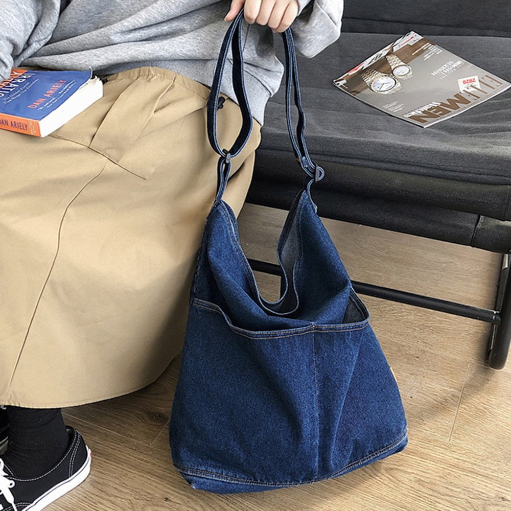 Women s Casual Student Bag Stretchable Denim with Side Pocket Bag for Daily Walking Shopping Dark Blue