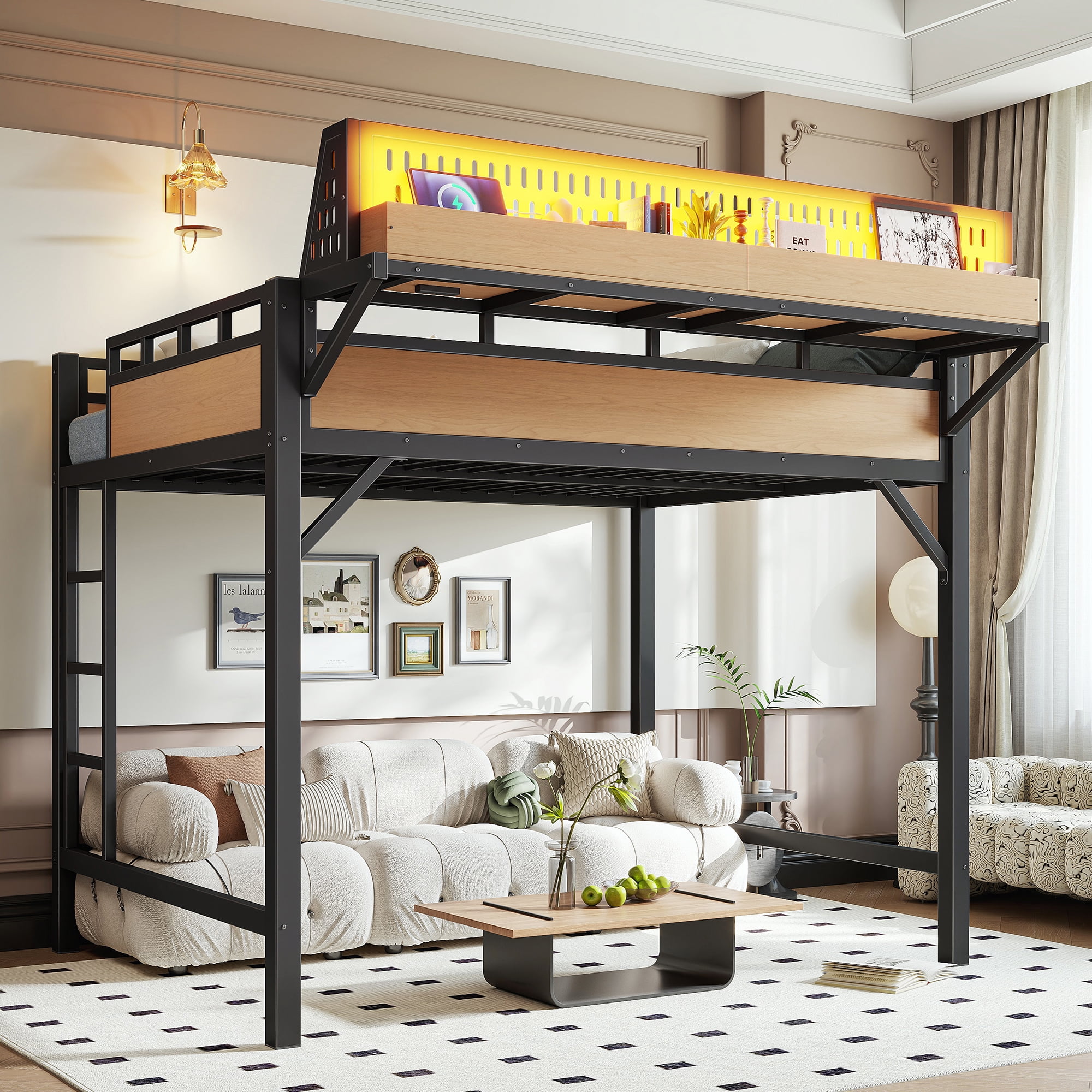 Mintazer Full Size Loft Bed with LED Lights & Charging Station, Metal Loft Bed with Storage Shelves and Pegboard, Black & Natural