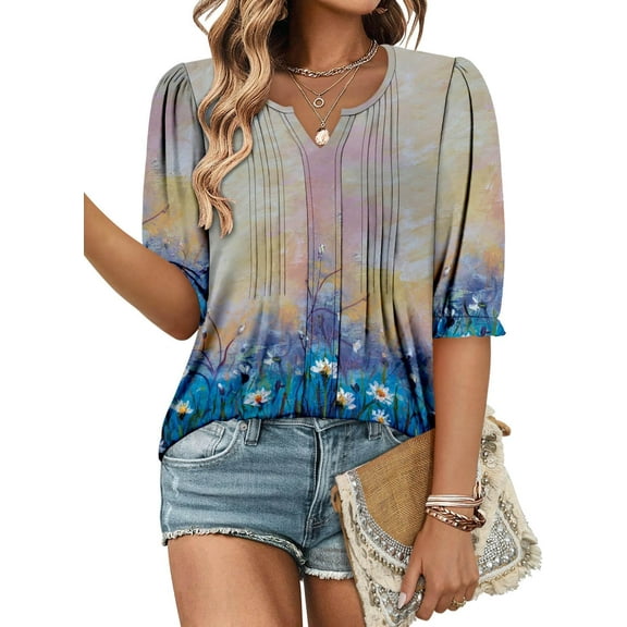 KISSMODA Women's 3/4 Length Shirts Summer Floral Tunic Tops V Neck Shirts Loose Fit Henly Blouse for Leggings