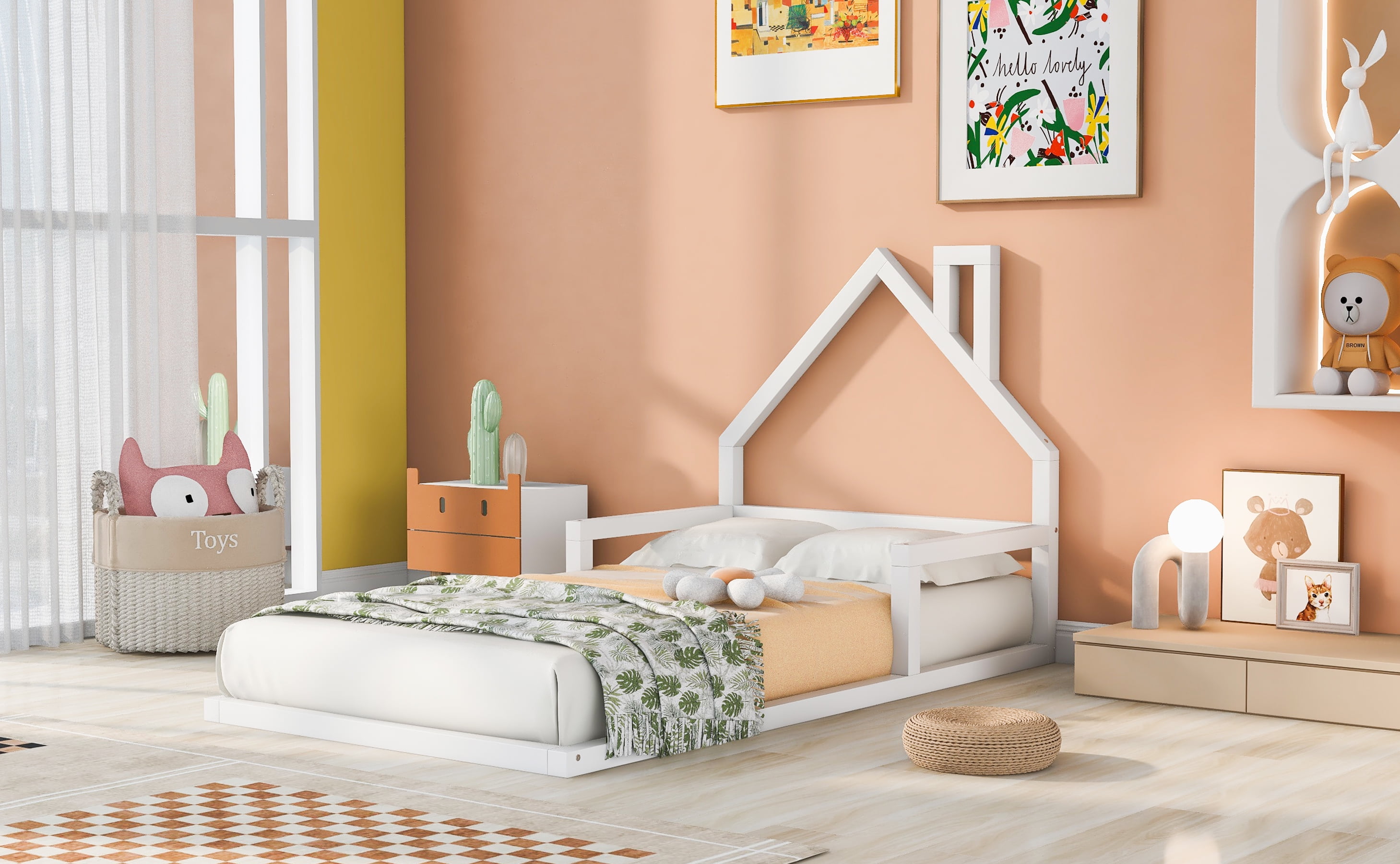 Euroco Twin Size Wood Floor Bed for Kids Room, White