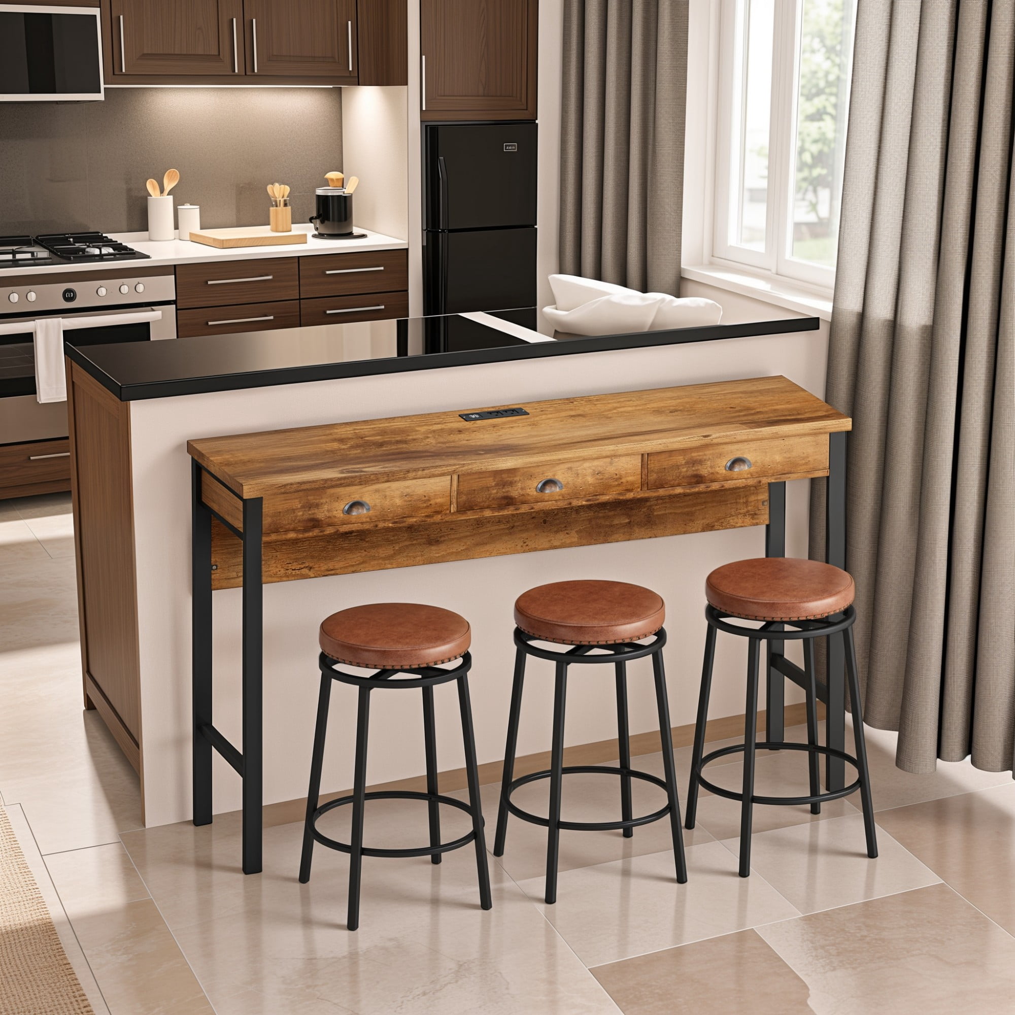 BSHTI 60.24" MDF Dining Room Table Set with Metal Frame, Power Outlets, 3 Circular PU Stools, 3 Drawers for Kitchen(Brown)