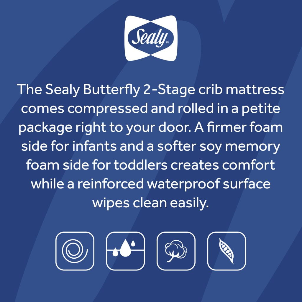Sealy Butterfly 2-Stage Extra Firm Baby Crib & Toddler Mattress, Foam,  Breathable Zip Cover