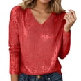 thumbnail image 2 of Long Sleeve Shirts for Women Glitter Sequin Top V Neck Casual Sparkle Blouse Night out Tops Party Clubwear, 2 of 6