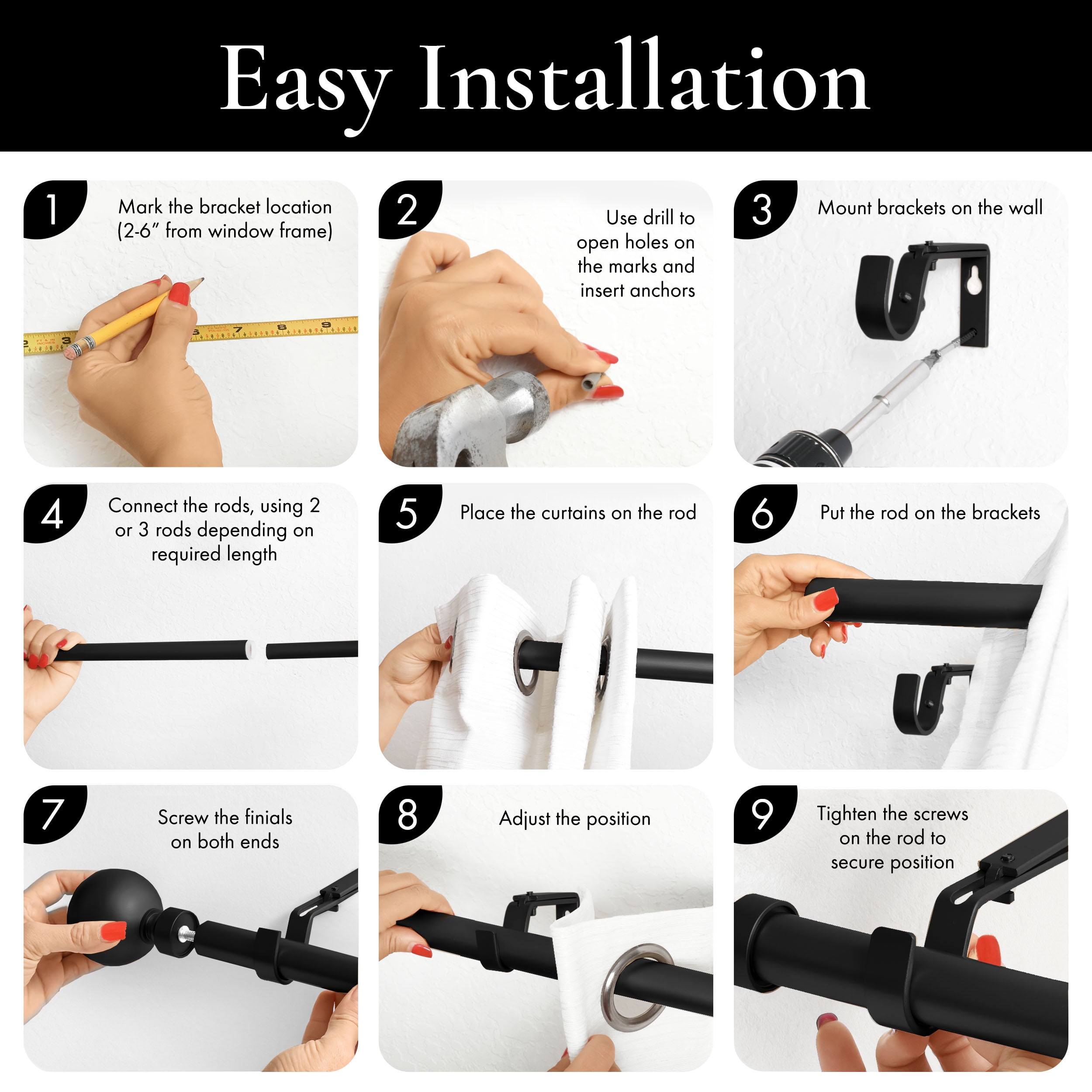 MERIVILLE 1" Single Curtain Rod Set, Adjustable 84–120 Inches, Ball Finials, Black