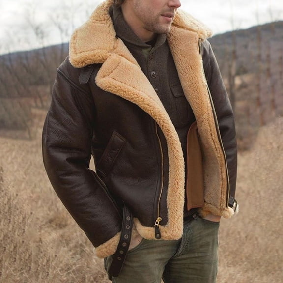 Domuza Mens Leather Bomber Jacket Sherpa Lined Fleece Full Zip Flying Jacket Fall Winter Warm Relaxed Fit Vintage Sheepskin Coat Brown 2XL