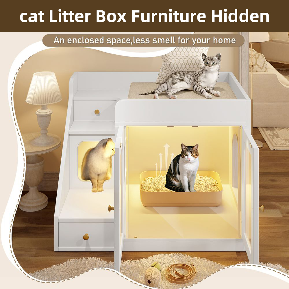 LUMAMIN Cat Litter Box Enclosure with Light, Hidden Litter Box Enclosure Furniture with 2 Drawers, Indoor Cat House Washroom End Table for Cats, White