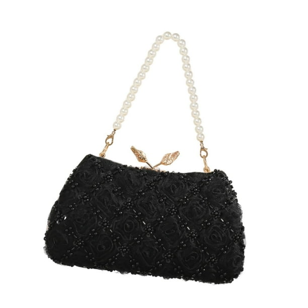 Bolso de mano con cierre de beso y correa de cadena, bolso de mano, cartera de noche Negro