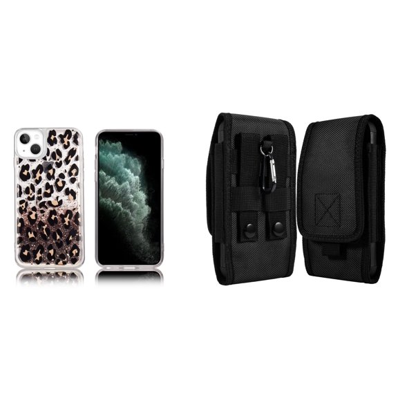 Liquid Glitter Case for iPhone 14 and Belt Holster Pouch - Leopard