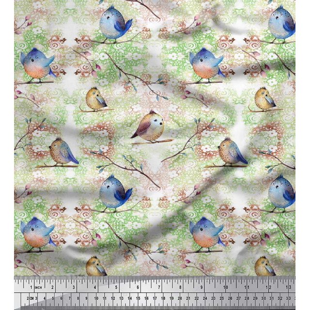 Soimoi Poly Georgette Fabric Branch & Bird Artistic Printed Fabric 1 Yard 42 Inch Wide