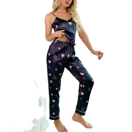 

Women s Pajama Sets Black Cute Heart Spaghetti Strap Pant Sets Sleeveless