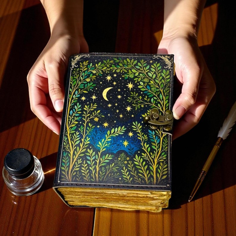 Moon Tree Leather Book of Shadows – Handmade 5x7 Inch Journal, 200 Handmade Deckle Pages, Wiccan Pagan Grimoire, Witchcraft Spellbook