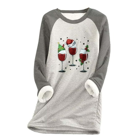 

Women s Winter Wool Lining Warm Tops Vintage Christmas Print Crew Neck Splicing Long Sleeve Pullover Shirt Casual Loose Home Pajamas Yoga Clothing