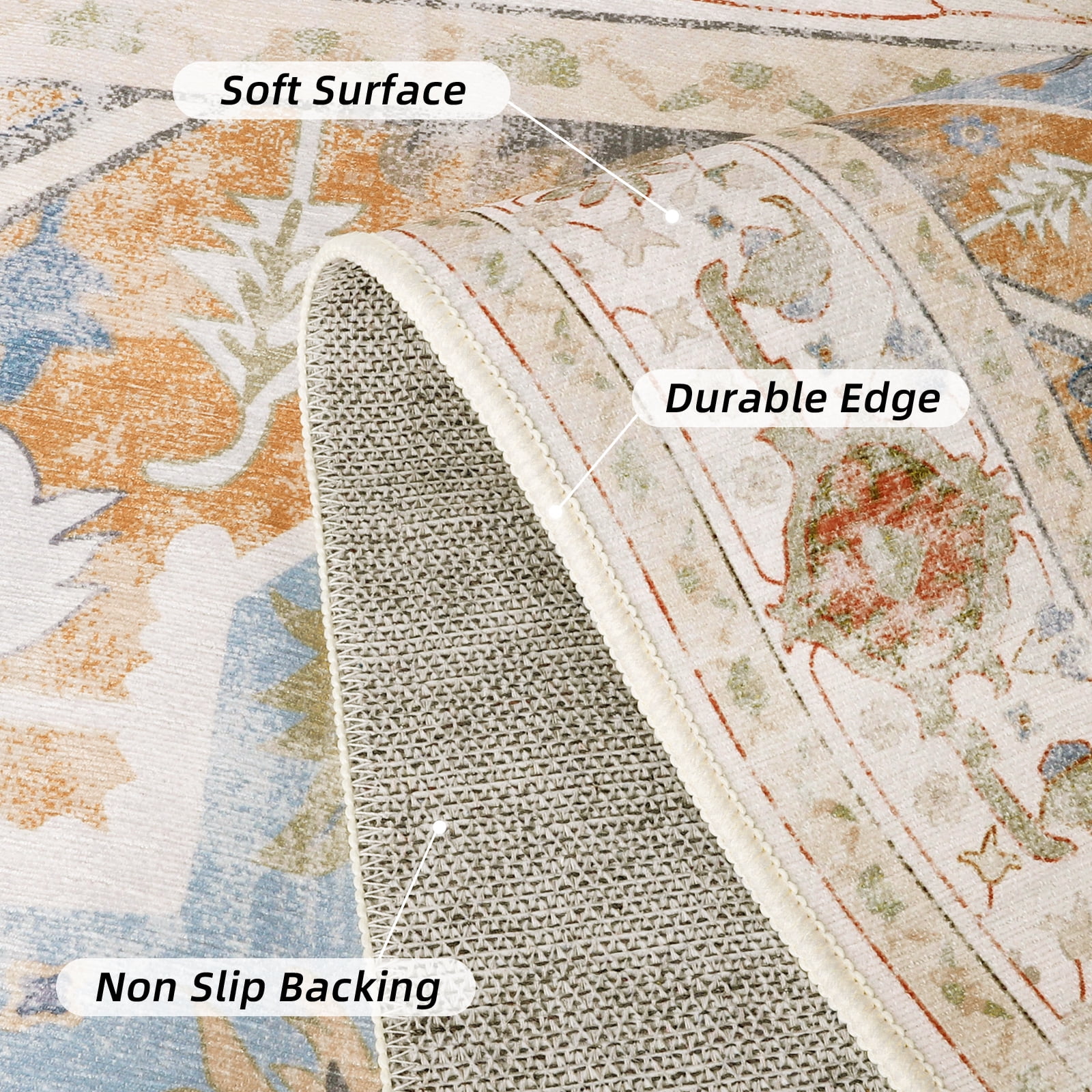 Vintage Living Room Area Rug 8x10 - Large Soft Washable Oriental Traditional Distressed Farmhouse Rugs for Bedroom, Indoor Floor Accent Non-Slip Carpet for Living Room Kitchen Office, Easy-Cleaning