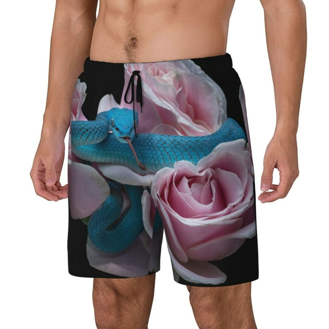 Bingfone Maillot de Bain Double Couche Bleu avec Viper et Trois Roses Roses pour Hommes avec Doublure, Style à Cordon de Serrage avec Poches Shorts de Plage Maillot de Bain pour Hommes-Grand