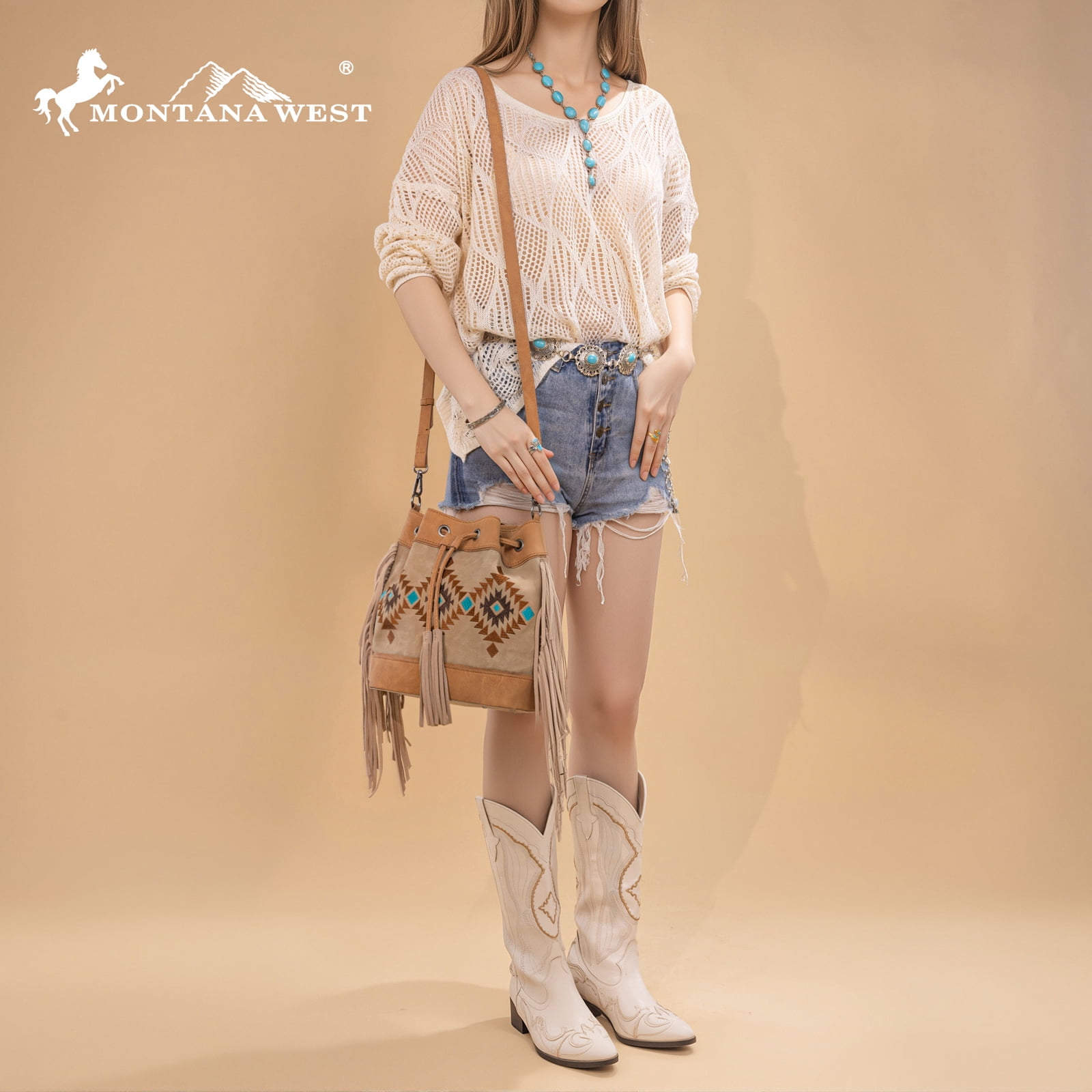 Montana West Aztec Bucket Bags for Women Western Fringe Crossbody Bag Vintage Drawstring, Tan