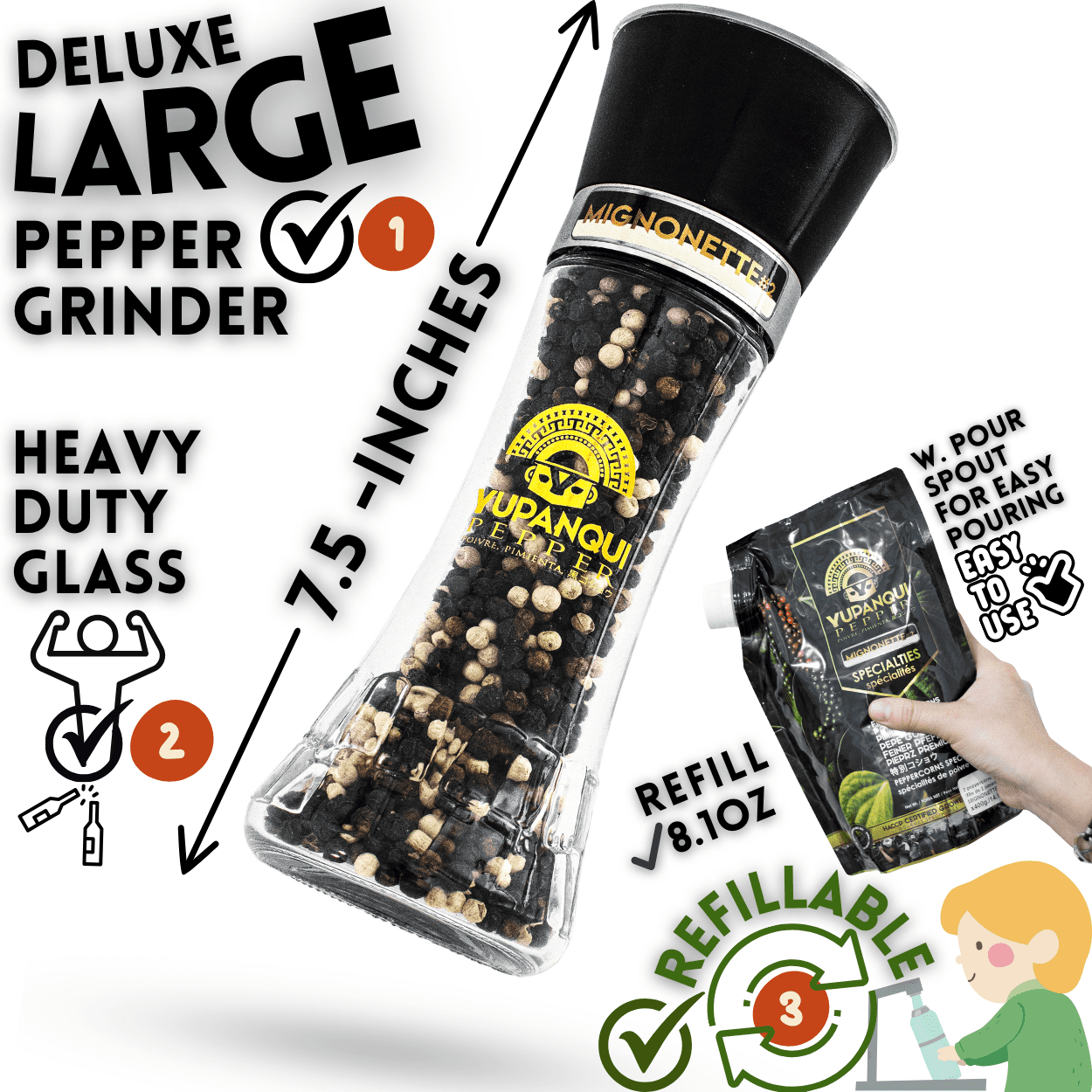 Yupanqui Glass Pepper Grinder 3.5oz GOURMET PEPPERCORN Medley, Vegan Mixed Peppercorns Organic
